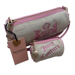 Juicy Couture Pink Beige Velour Barrel Shoulder Bag Set with Mini Pouch NWT Y2K